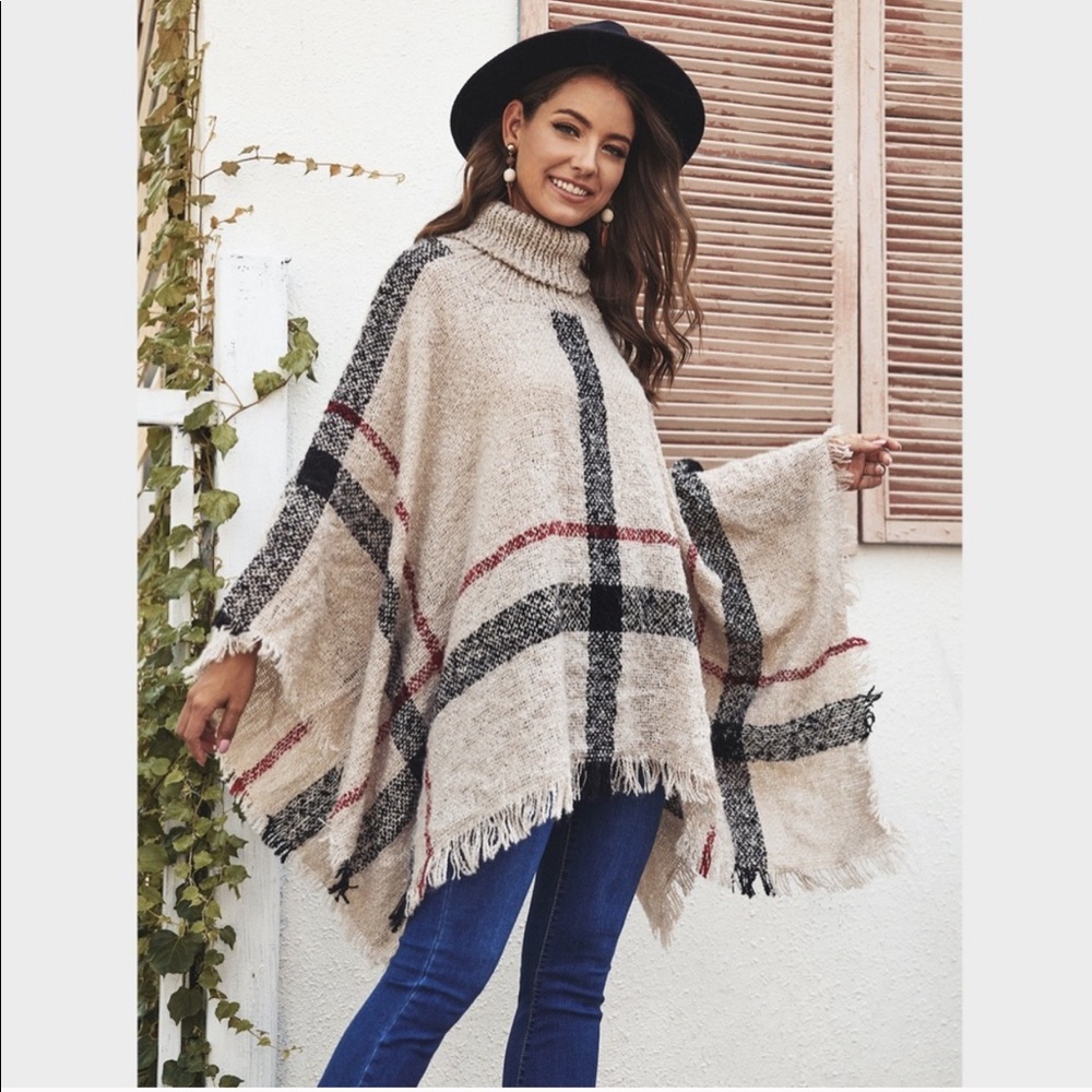 Plaid Beige Turtleneck Poncho - Picture 3 of 5